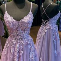 A-Line Straps Violet Purple Lace Tulle Prom Dresses - Thumbnail 1