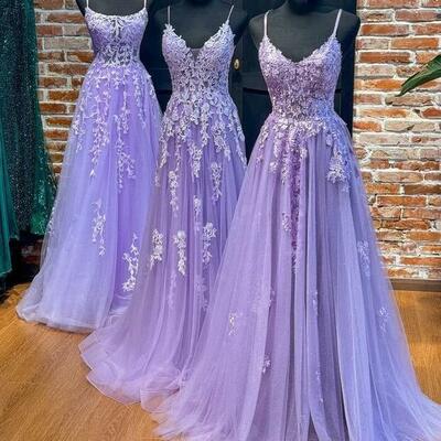 A-line straps violet purple lace tulle prom dresses - Thumbnail 4