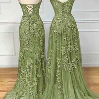 Simple V Neck Green Lace Prom Dresses - Thumbnail 1