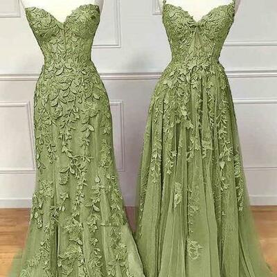 Simple v neck green lace prom dresses - Thumbnail 2