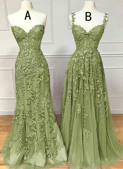 Simple V Neck Green Lace Prom Dresses