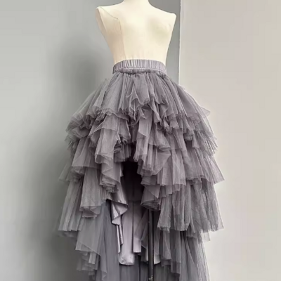 High-low tiered tulle skirt, gray maxi skirt outfit, custom plus size long tulle prom skirts