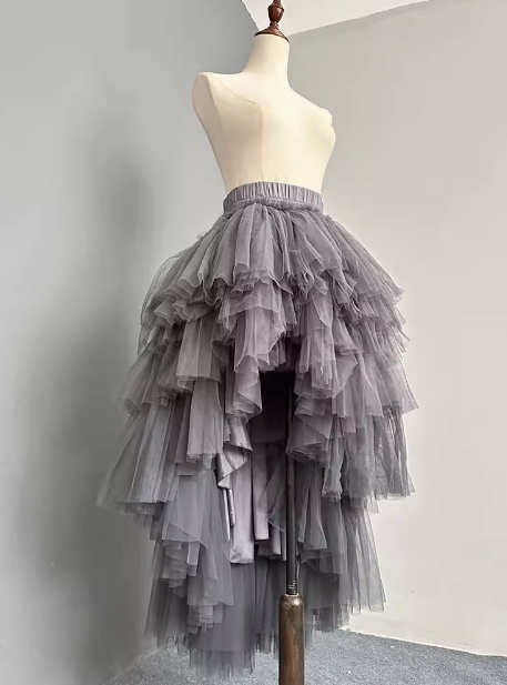 High-low Tiered Tulle Skirt, Gray Maxi Skirt Outfit, Custom Plus