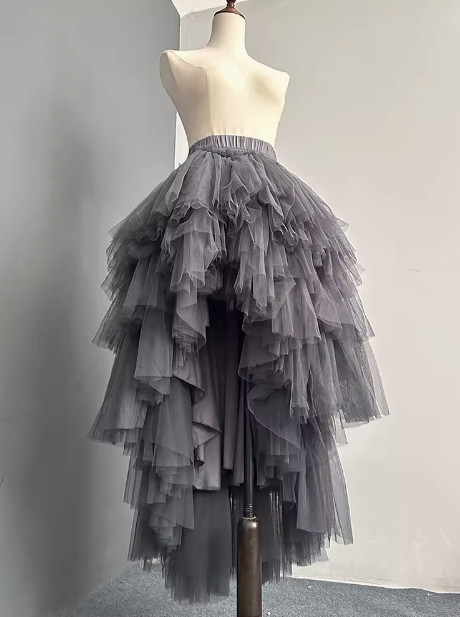 High-low Tiered Tulle Skirt, Gray Maxi Skirt Outfit, Custom Plus