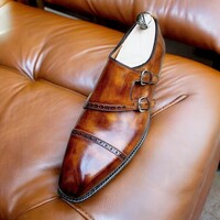 Elegant Men's Handmade Brown Double Monk Cap Toe Stylish Leather Shoes  - Thumbnail 1