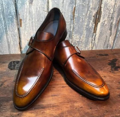 Christmas Men's Handmade Decent Wear Brown Genuine Leather Monk Style Wedding Shoes