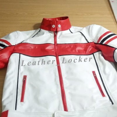 Crafted leather men stylish cafe racer black and red stripe distressed white genuine leather motorcycle jacket - Thumbnail 4