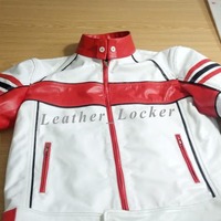 Crafted Leather Men Stylish Cafe Racer Black and Red Stripe Distressed White Genuine Leather Motorcycle Jacket - Thumbnail 1