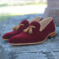 New Men Maroon Suede Loafer Brown Tassels & Outline Genuine Leather Shoes - Thumbnail 4