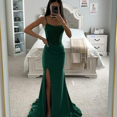 Mermaid dark green sequins split evening dresses for special occasions  - Thumbnail 4