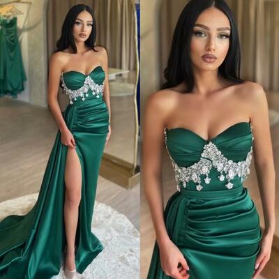 Elegant sweetheart emerald green prom dresses split formal dresses - Thumbnail 3