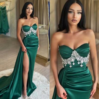 Elegant Sweetheart Emerald Green Prom Dresses Split Formal Dresses