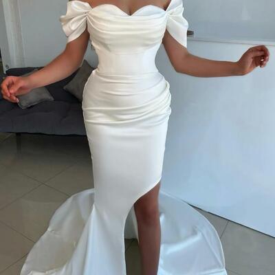 Off shoulder mermaid elegant ivory split evening dresses - Thumbnail 3