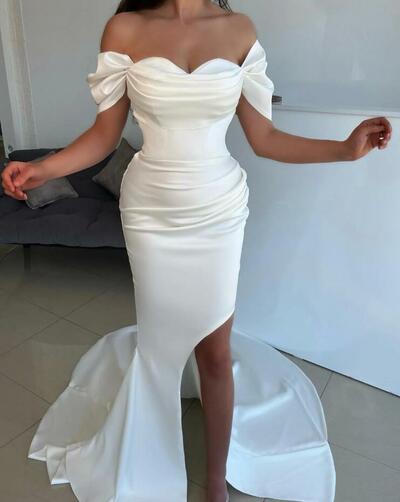 Off Shoulder Mermaid Elegant Ivory Split Evening Dresses