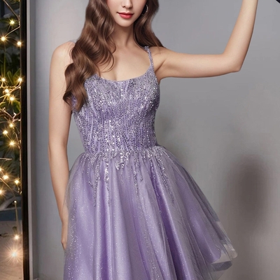 A-line spaghetti straps sleeveless homecoming dress sheath short prom dress 