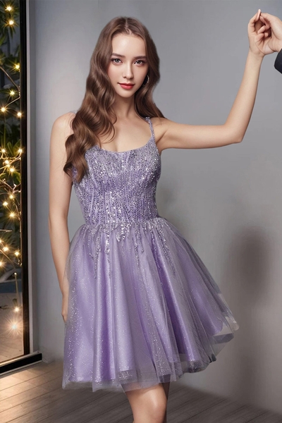 A-Line Spaghetti Straps Sleeveless Homecoming Dress Sheath Short Prom Dress 