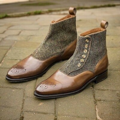 Patina polishing with tweed texture new edition handmade button boot formal handmade boot