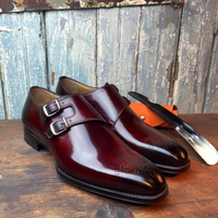 New Hand Stitch Burgundy Double Monk Strap Leather Men's Shoes  - Thumbnail 1