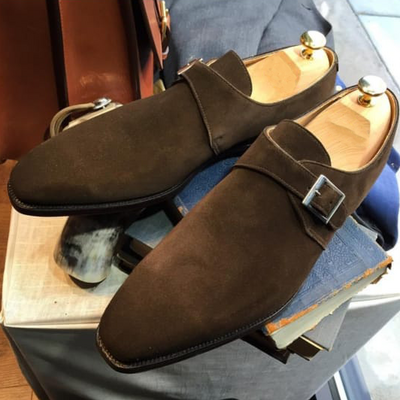 New men's brown suede monk strap shoes 
