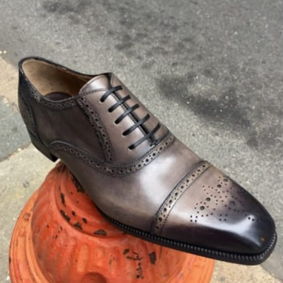 Elegant men's hand stitch grey black oxfords cap toe lace up leather shoes