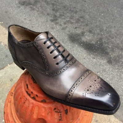 Elegant Men's Hand Stitch Grey Black Oxfords Cap Toe Lace Up Leather Shoes