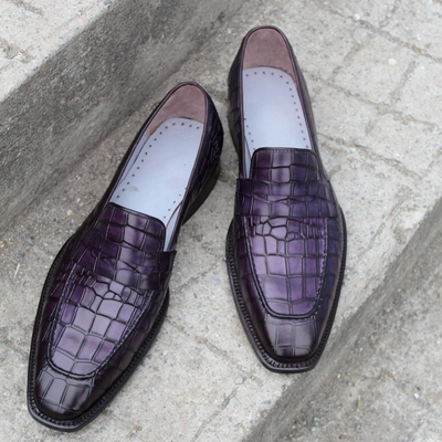 Crafted leather classic purple crocodile/alligator moccasin loafers dress shoes - Thumbnail 4