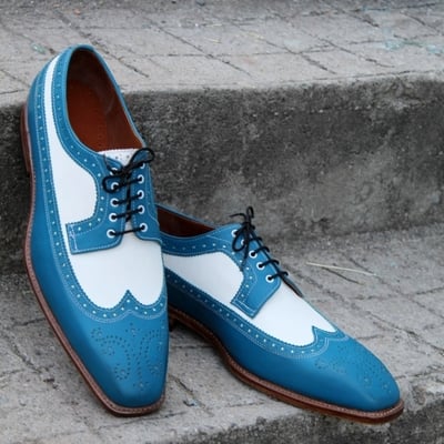Crafted leather elegant and classic blue white leather dress shoes - Thumbnail 5
