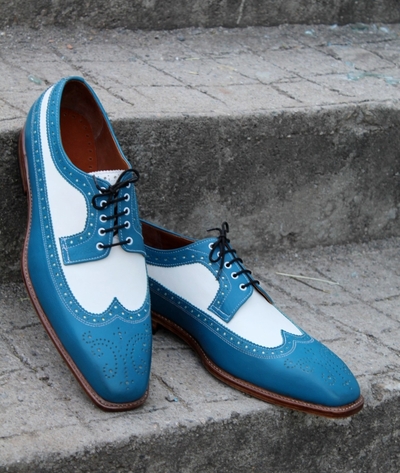 Crafted Leather Elegant and Classic Blue White Leather Dress Shoes