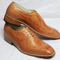 Crafted Leather Classic Brown Leather Wingtip Oxford Lace up Dress Shoes - Thumbnail 1