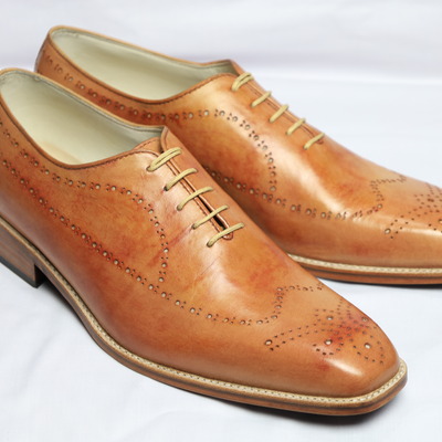 Crafted leather classic brown leather wingtip oxford lace up dress shoes - Thumbnail 1