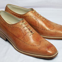 Crafted Leather Classic Brown Leather Wingtip Oxford Lace up Dress Shoes - Thumbnail 2