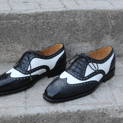 Crafted leather classic black white leather wingtip oxford dress shoes - Thumbnail 4