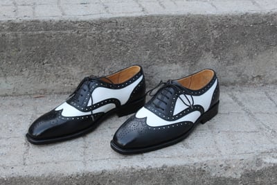 Crafted Leather Classic Black White Leather Wingtip Oxford Dress Shoes