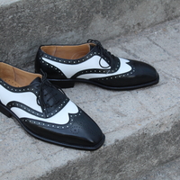 Crafted Leather Classic Black White Leather Wingtip Oxford Dress Shoes - Thumbnail 3