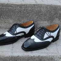 Crafted Leather Classic Black White Leather Wingtip Oxford Dress Shoes - Thumbnail 4