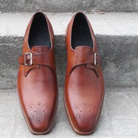 Crafted Leather Classic Brown Leather Monk Strap Dress Shoes - Thumbnail 1