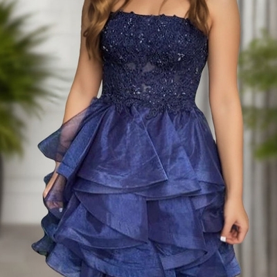 A-line straight-across homecoming dress short prom dress with ruffles