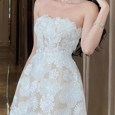 Strapless appliqued tulle a-line homecoming dress short prom dress 