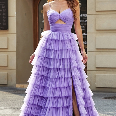 Tulle a-line purple tiered long prom dress with slit