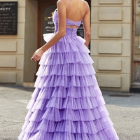 Tulle A-Line Purple Tiered Long Prom Dress with Slit - Thumbnail 1