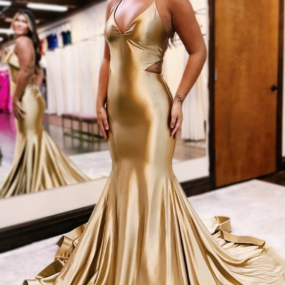 V-neck lace-up trumpet long prom dress