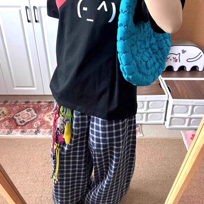 *free shipping*90s navy plaid pants