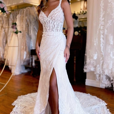 White lace mermaid long wedding dress with slit 