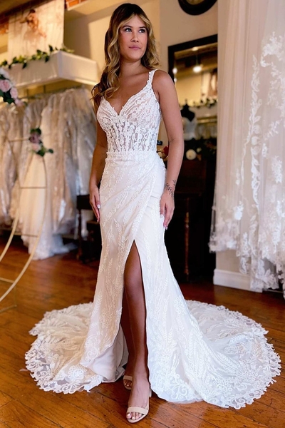 White Lace Mermaid Long Wedding Dress with Slit 