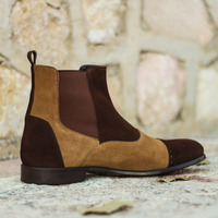NEW Handmade 3 Tone Brown Cap Toe Chelsea Boot, Men's Suede High Ankle Fashion B - Thumbnail 4