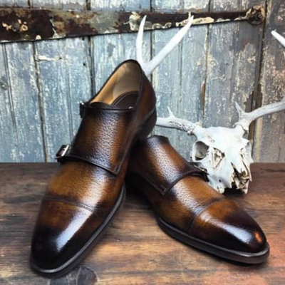 Luxury men's two tone double monk strap shoes, genuine leather  wedding shoes