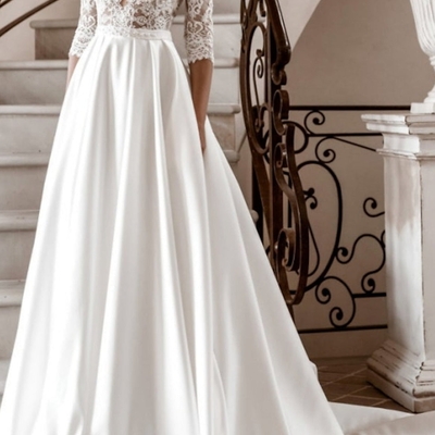 A-line v-neck floor-length lace wedding dress
