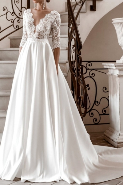 A-Line V-Neck Floor-Length Lace Wedding Dress