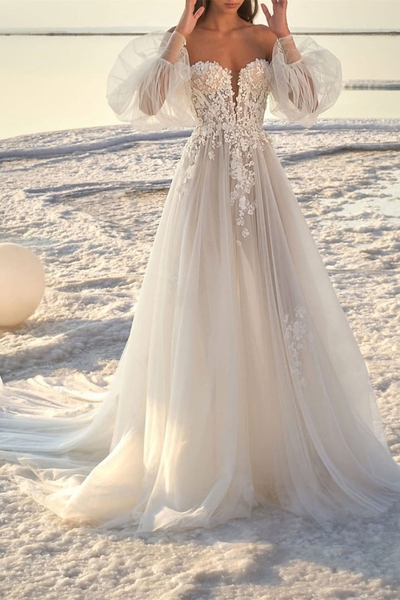 A-Line Off-The-Shoulder Court Train Wedding Dress