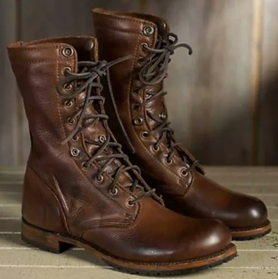 Men Punk Motorcycle Brown Leather Boots Military Lace up Combat Handmade Boot